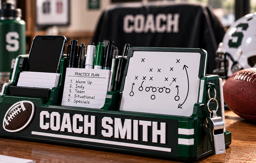 Personalized coach organizer in green and white reading COACH SMITH with a football icon, holding a phone, markers, a practice plan card and a dry-erase play diagram, with a whistle on the side