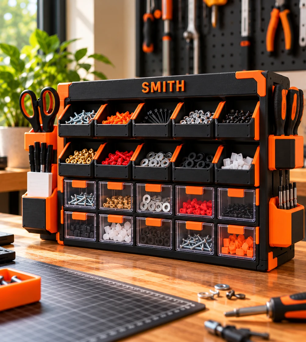 Parts Station small-parts organizer in black with Signal Orange accents and the name SMITH, with open bins, clear drawers and side tool holders on a workbench