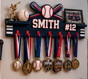 Baseball medal hanger with shelf and the name SMITH #12