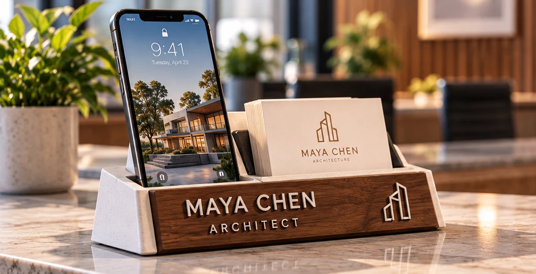 Business card and phone display in stone with a wood-look front reading MAYA CHEN ARCHITECT with a logo, holding a phone and a stack of business cards