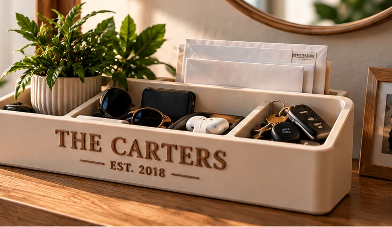 Cream family catchall reading THE CARTERS, EST. 2018 on an entryway table, holding a plant, sunglasses, a wallet, keys and mail