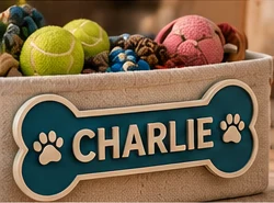 Bone style nameplate in teal reading CHARLIE