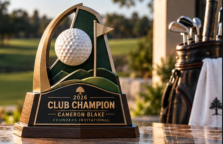 Golf award in green and gold with an arch, flag and golf ball, on a walnut base reading 2026 CLUB CHAMPION, CAMERON BLAKE, FOUNDERS INVITATIONAL
