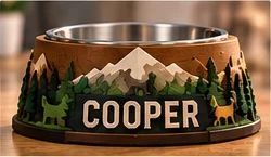 Outdoors pet bowl with mountains and trees reading COOPER