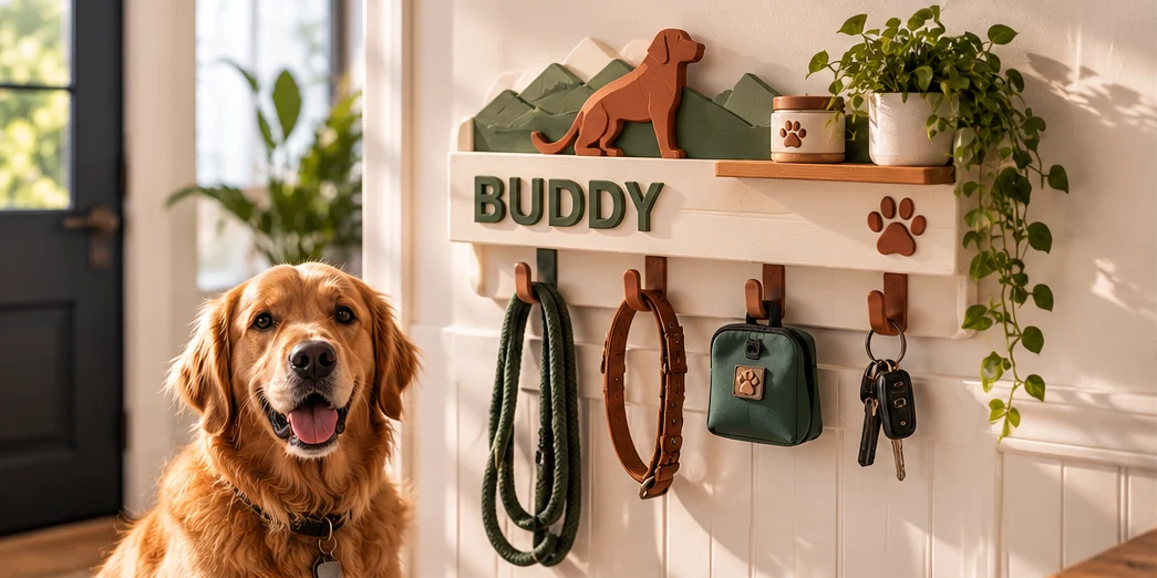 Personalized pet leash station in cream with the name BUDDY in green, a terracotta dog silhouette and mountains on top, a small shelf, and hooks holding leashes, a collar, a treat bag and keys beside a golden retriever