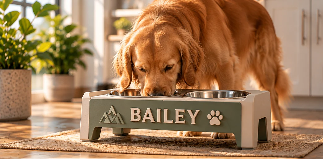 Golden retriever eating from a raised pet bowl stand in sage and cream with the name BAILEY, mountain and paw icons and two stainless steel bowls
