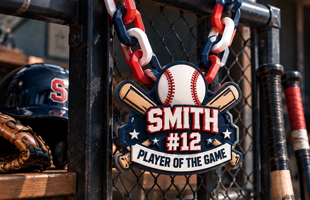 Player of the Game hype chain with a navy, red and white baseball medallion reading SMITH #12 PLAYER OF THE GAME on a chunky red, white and navy chain hanging on a dugout fence
