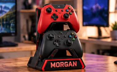Two-controller stand in black and red with the name MORGAN