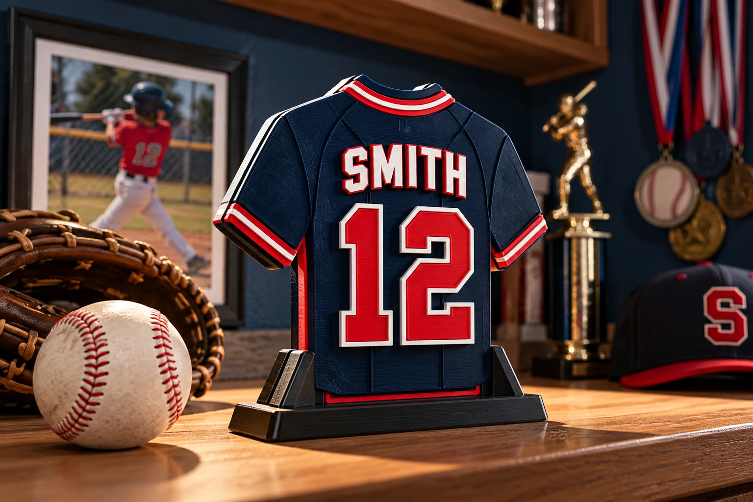 Personalized baseball jersey number sign in navy with red and white lettering reading SMITH 12, on a black desk stand beside a glove and baseball