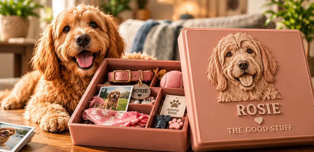 Blush pink pet keepsake box with a raised portrait of a doodle named ROSIE and the words THE GOOD STUFF, open to show a collar, tag, photo and bandana in dividers