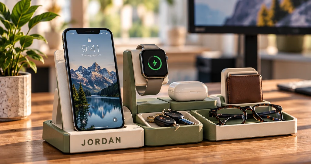 Modular desk dock in sage and cream with the name JORDAN, holding a phone, smartwatch, earbuds, keys, a wallet and glasses on a desk