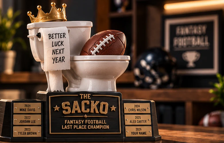 Fantasy football last place trophy: a white toilet wearing a gold crown with a football in the bowl and a BETTER LUCK NEXT YEAR roll, on a base with past losers' year plates